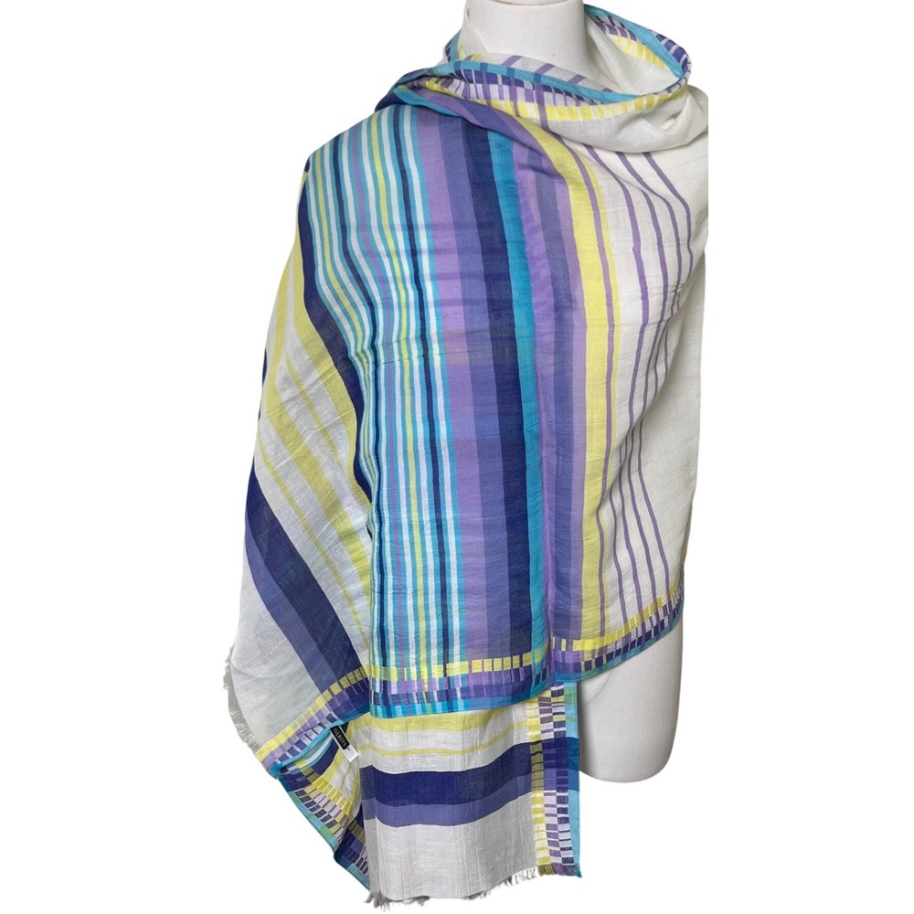 Striped Cotton Silk Lightweight Fringe Wrap Scarf Talbots OS